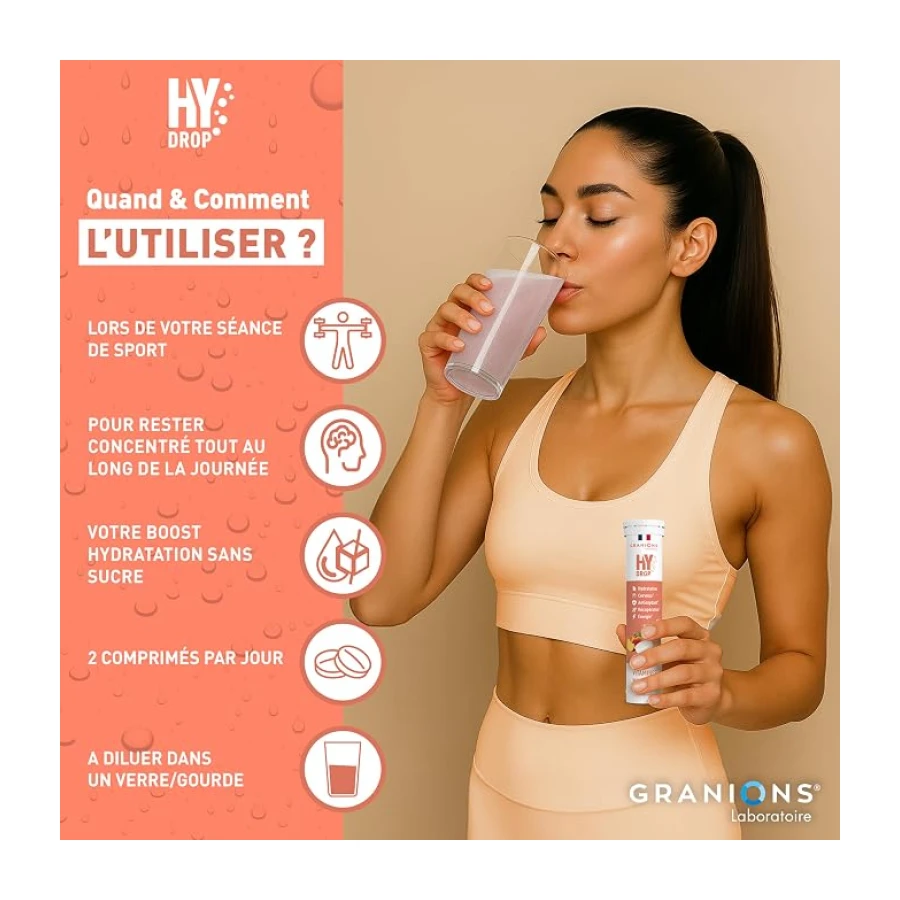 Electrolytes Hydratation - Granions Hydrop Peche - Sans Sucres - 20 Cps | Rehydrate rapidement, apporte vitamines et mineraux, sans sucres ajoutes - pastilles effervescentes electrolytes peche