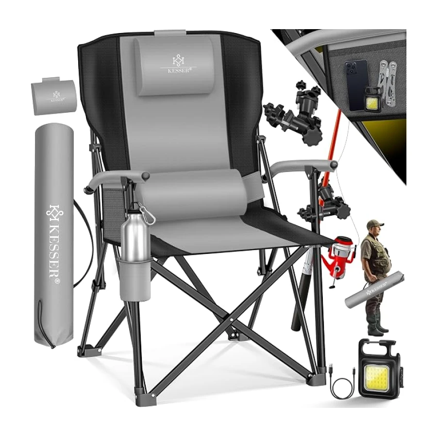 KESSER® Chaise de camping pliable jusqu'à 160 kg, Chaise de pêche pliante rembourrée avec accoudoirs, Lampe de camping et porte-gobelet + sac à dossier haut, Chaise de plage avec support de pêche