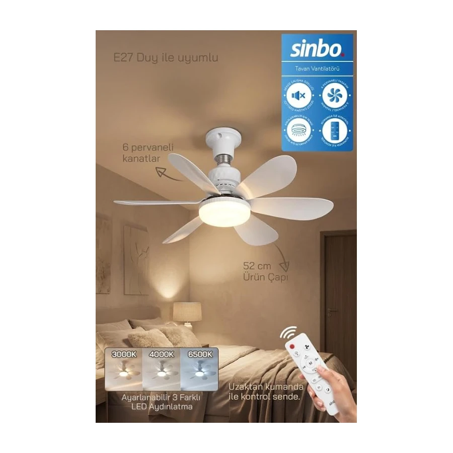 Sinbo SF-7708 3 LED Aydınlatmalı Sessiz Tavan Vantilatörü Kumandalı 6 Kanatlı