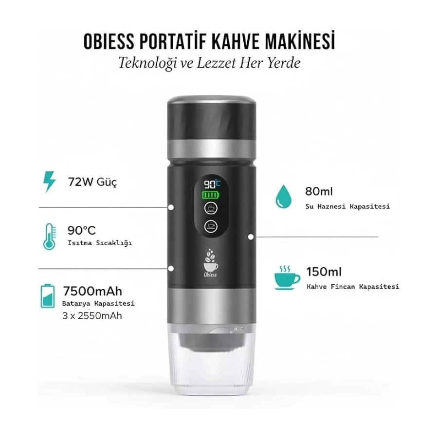 Obıess Taşınabilir Espresso Kahve Makinesi Siyah Şarjlı Kapsül ve Öğütülmüş Kahve ile Uyumlu V3
