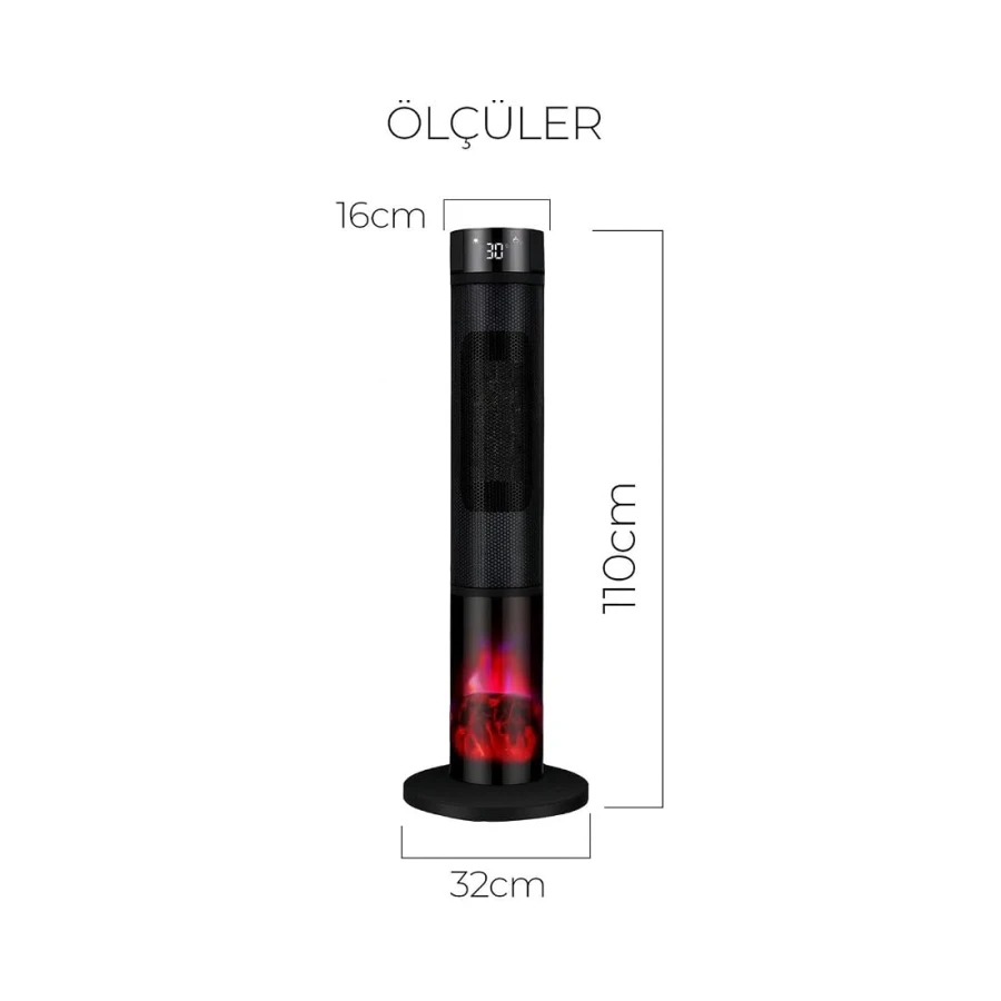ROBO Şömineli Seramik Kule Tipi Dikey Isıtıcı, 2000W, Siyah, Kule, İç Mekan, Elektrikli, Seramik Isıtma, Uzaktan Kumandalı