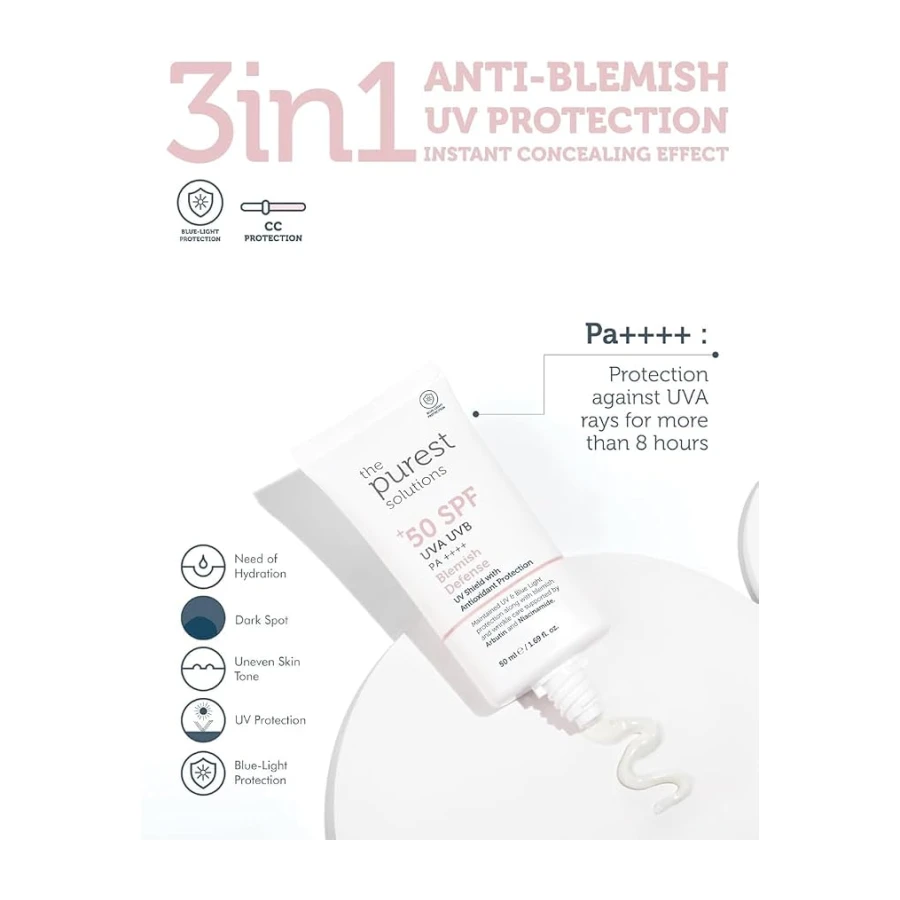 The Purest Solutions Lekeli Ciltler İçin Antioksidan Destekli Güneş Kremi, 50+ SPF UVA/UVB Blemish Defense, Antioxidant Protection