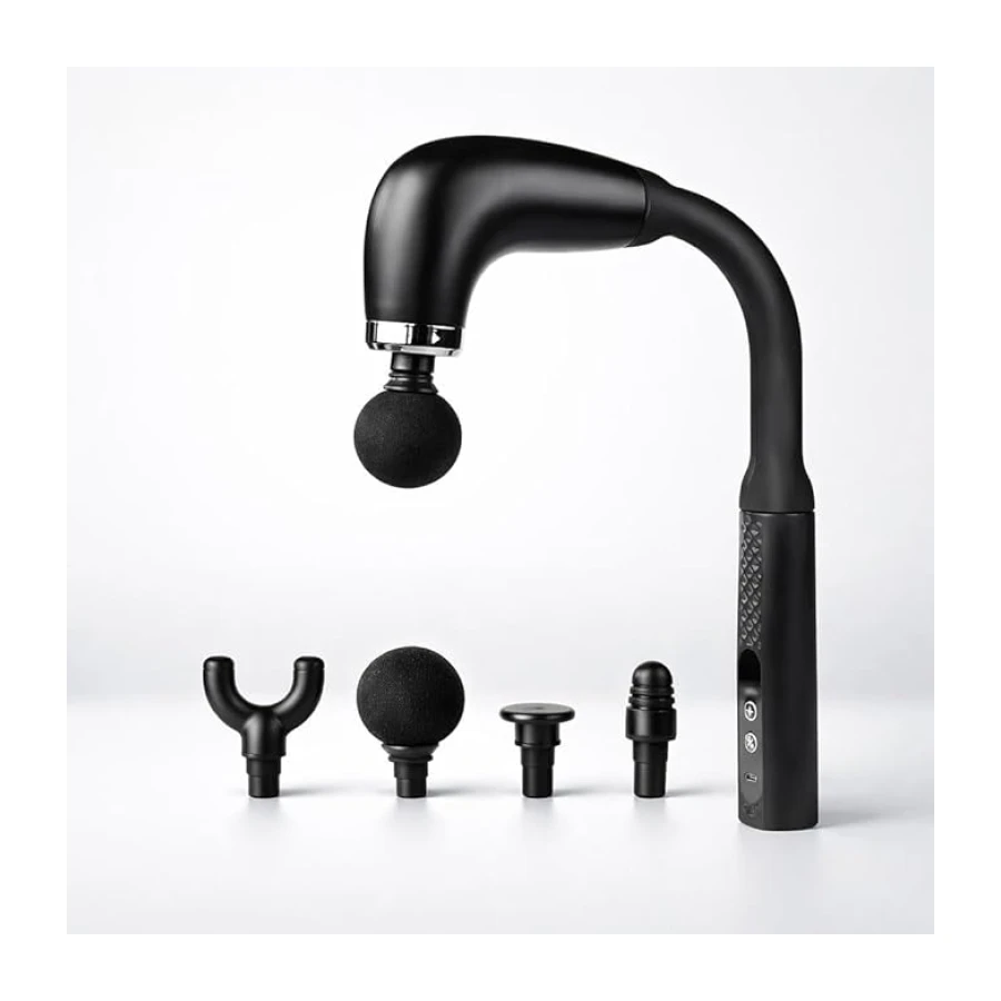 SMAYLING Uzatmalı Masaj Tabancası – 120° Kavisli Uzun Saplı, 9 Kademeli Hız Ayarlı – 4 Başlıklı Derin Doku Masaj Aleti – USB Type-C Şarjlı, Kablosuz – Boyun, Sırt, Bel ve Bacak İçin