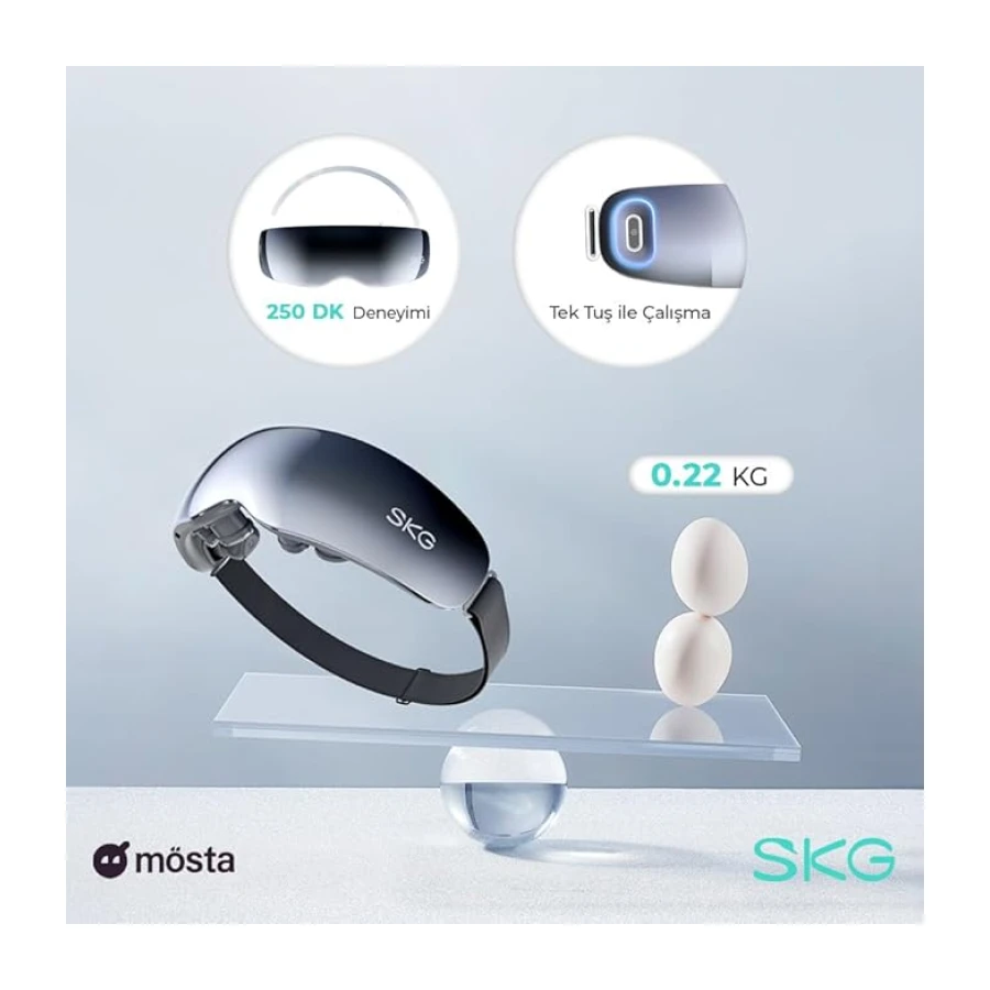 SKG E7 Göz Masaj Aleti, Isıtma ve Titreşim Fonksiyonlu, Şakak ve Göz Çevresi Masajı, Bluetooth Müzik Desteği, Taşınabilir Tasarım, 2.5 Saat Kullanım – Resmi Distribütör Garantili