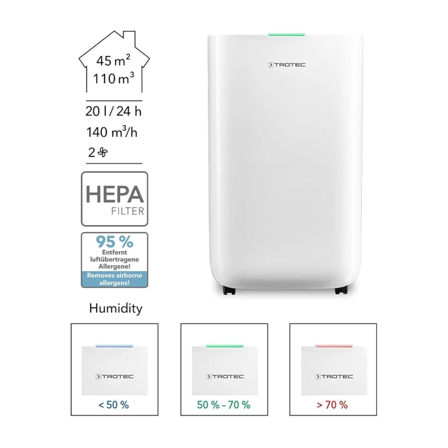 TROTEC TTK 70 HEPA Nem Alma Cihazı ve Hava Temizleyici | 50 m² / 125 m³'e kadar odalar için uygundur | Su haznesi yakl. 6,5 litre