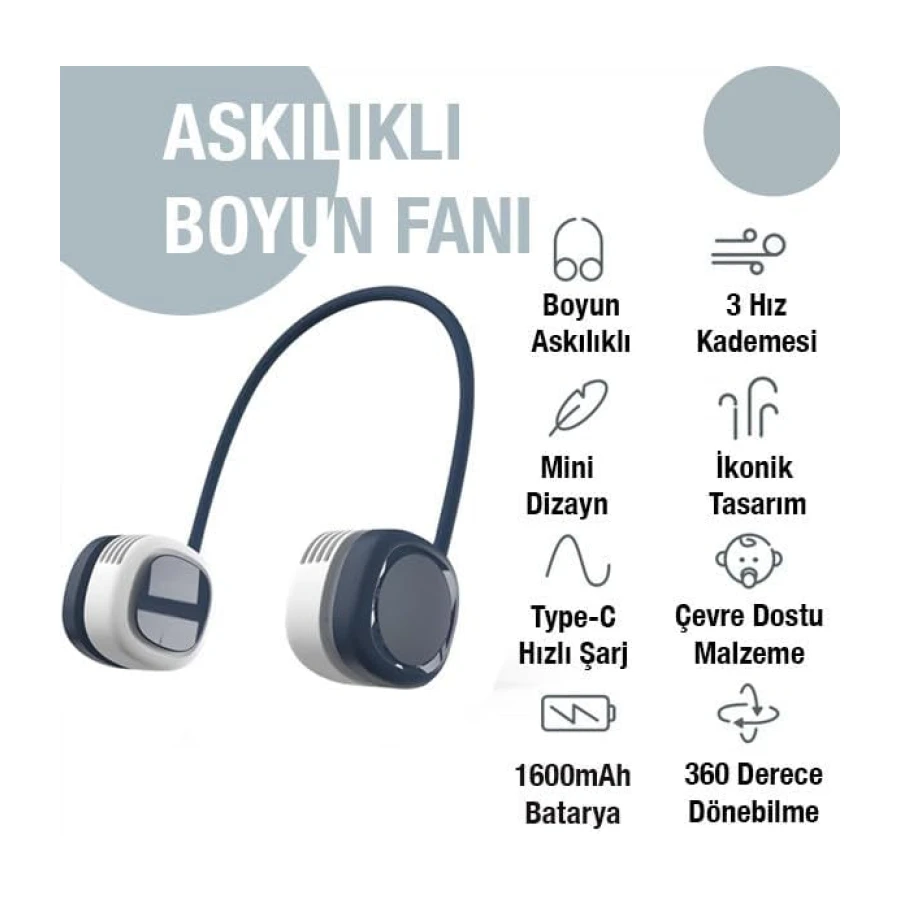 MEMO G02 Boyun Askilikli Mini Fan Tasinabilir Sarjli Sogutucu Boyun Fani, LACIVERT