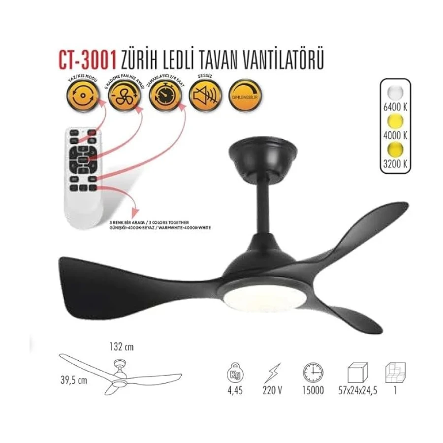 Cata CT-3001 Modern Tavan Vantilatörü Siyah LED Işıklı ve Uzaktan Kumandalı LED Sessiz Motor Şık Tasarım 3 Renk Moduyl