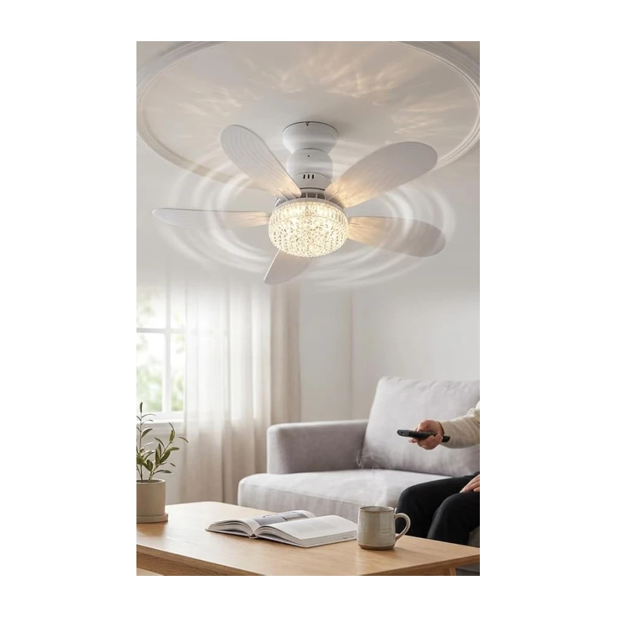 Kristal LED Avizeli Tavan Vantilatörü - 30W E27 Duy Pervaneli Lamba - Uzaktan Kumandalı, 6 Kanatlı, 3 Kademeli Hız ve Kısılabilir Işık - Sessiz Çalışan Modern Tavan Fanı