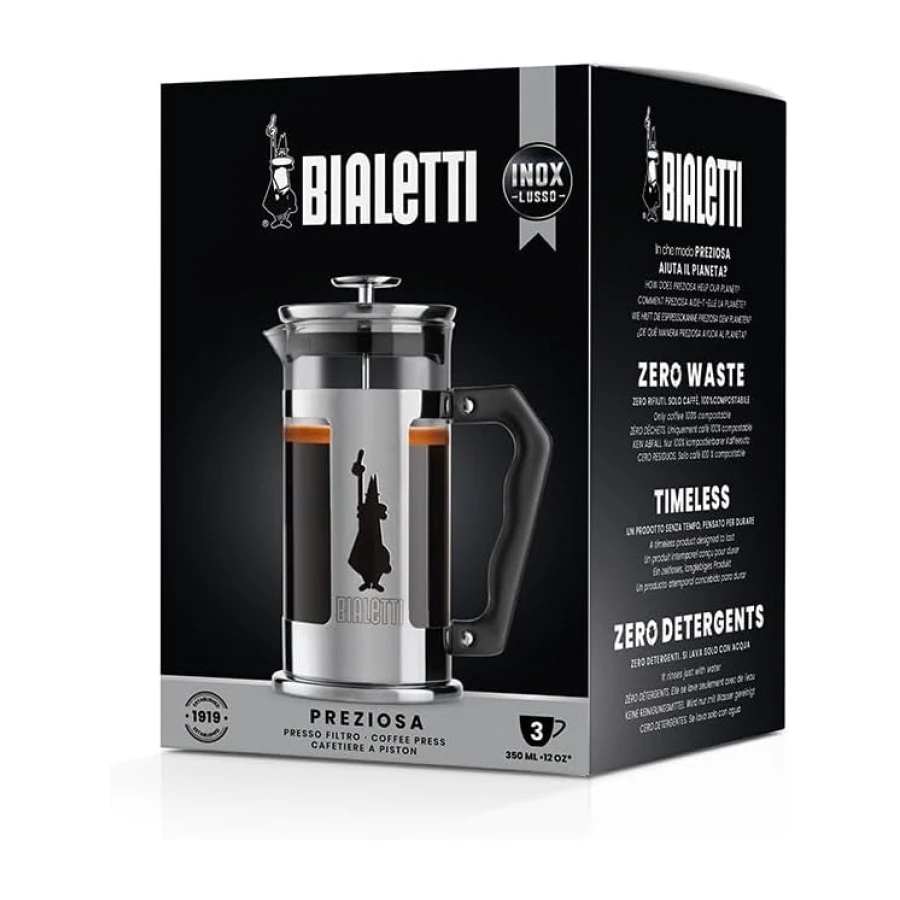 Bialetti - Preziosa French Press: Yaklaşık 350mL kapasiteli kahve hazırlayıcı - 18/10 Paslanmaz Çelik Gövde - Bulaşık Makinesinde Yıkanabilen Borosilikat Cam Sürahi - Paslanmaz Çelik Filtre Sistemi