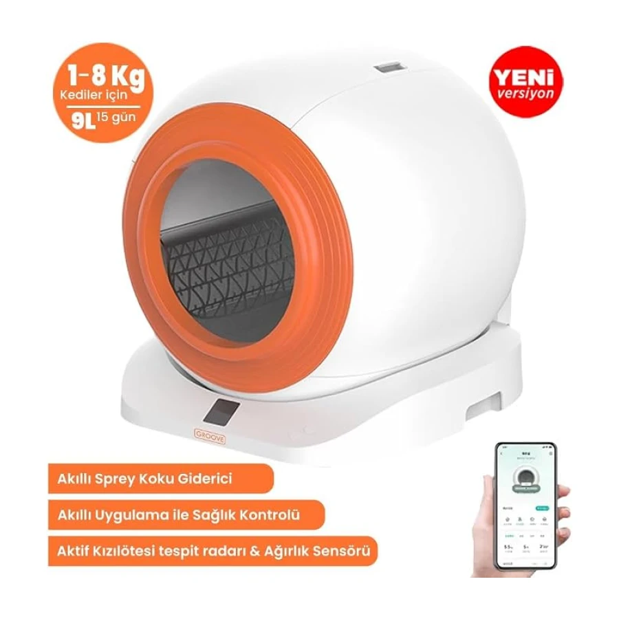 Groove Q-Clean WiFi Otomatik Akıllı Kedi Tuvaleti Turuncu Yeni Versiyon
