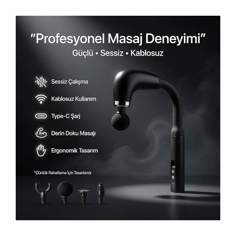 SMAYLING Uzatmalı Masaj Tabancası – 120° Kavisli Uzun Saplı, 9 Kademeli Hız Ayarlı – 4 Başlıklı Derin Doku Masaj Aleti – USB Type-C Şarjlı, Kablosuz – Boyun, Sırt, Bel ve Bacak İçin