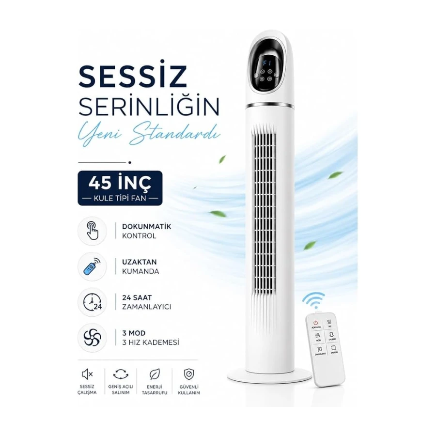 Kule Tipi Vantilatör 45 İnç, Uzaktan Kumandalı, 3 Hız Kademeli, 3 Modlu (Normal/Doğal/Uyku), Salınımlı, Dokunmatik Kontrollü, 24 Saat Zamanlayıcılı, Beyaz