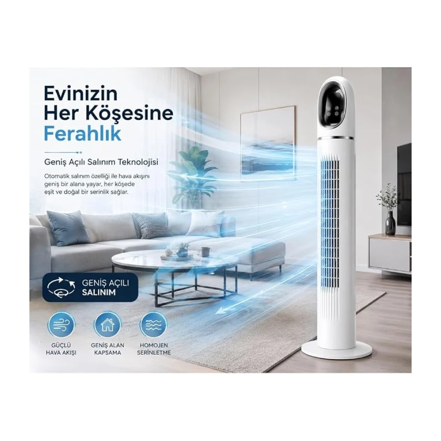 Kule Tipi Vantilatör 45 İnç, Uzaktan Kumandalı, 3 Hız Kademeli, 3 Modlu (Normal/Doğal/Uyku), Salınımlı, Dokunmatik Kontrollü, 24 Saat Zamanlayıcılı, Beyaz