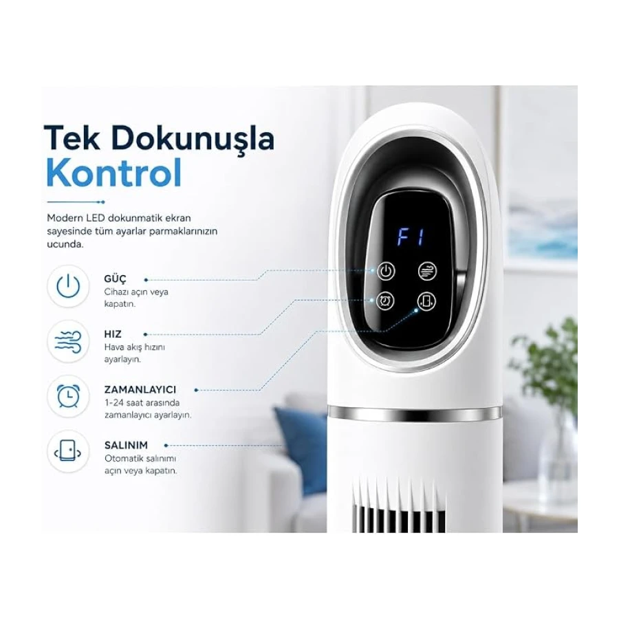 Kule Tipi Vantilatör 45 İnç, Uzaktan Kumandalı, 3 Hız Kademeli, 3 Modlu (Normal/Doğal/Uyku), Salınımlı, Dokunmatik Kontrollü, 24 Saat Zamanlayıcılı, Beyaz