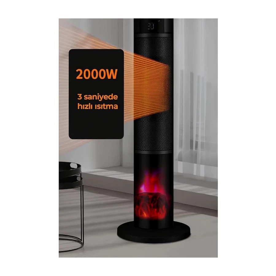 ROBO Şömineli Seramik Kule Tipi Dikey Isıtıcı, 2000W, Siyah, Kule, İç Mekan, Elektrikli, Seramik Isıtma, Uzaktan Kumandalı