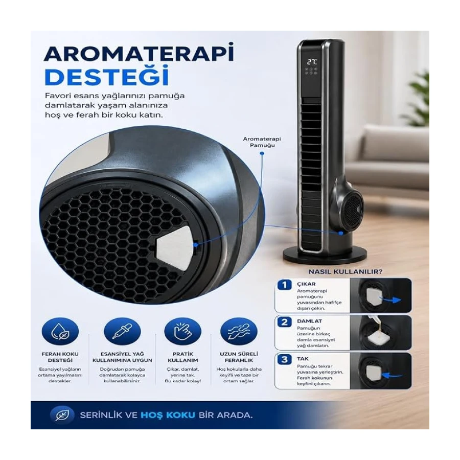 Turbo Akıllı Fan 70W Uzaktan Kumandalı Kule Vantilatör, Aromaterapi Özellikli, Dokunmatik LED Ekranlı, 3 Hız Kademeli, 3 Modlu, 12 Saat Zamanlayıcılı, Sessiz Çalışma, Salınımlı Fan