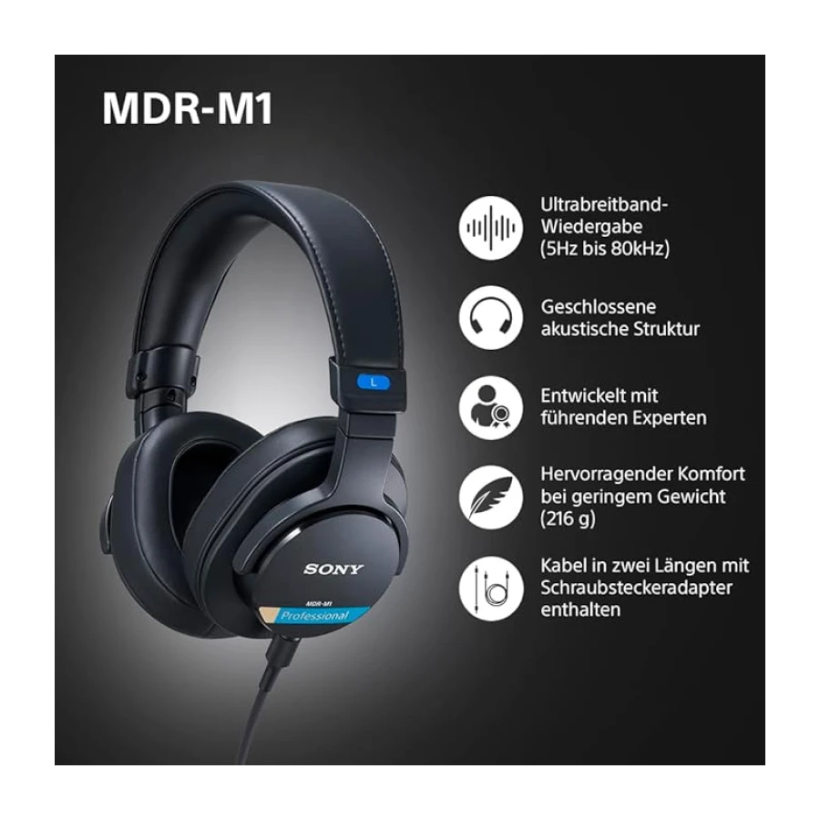 Sony MDR-M1 Studio Kapalı Arka Kulaklık - Kablolu, Ultra Geniş Bant Oynatma (5Hz-80kHz), Stüdyo Kaydı ve Karıştırma için İdeal, Hafif Tasarım (216g), 2 Çıkarılabilir Kablo içerir, Siyah