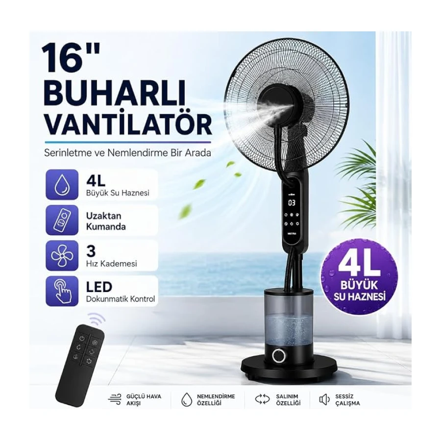 16 İnç Buharlı Vantilatör, 4L Su Hazneli Ayaklı Fan, Uzaktan Kumandalı, LED Ekranlı, 3 Hız Kademeli, 3 Modlu, Nemlendirici Özellikli, Salınımlı Sessiz Vantilatör