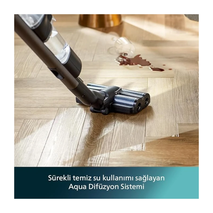 Philips 9000 Serisi AquaTrio Kablosuz Dikey Süpürge (XW9463/11) ve Philips Aqua Trio Uyumlu Zemin Temizleme Solüsyonu (XV1792/01)