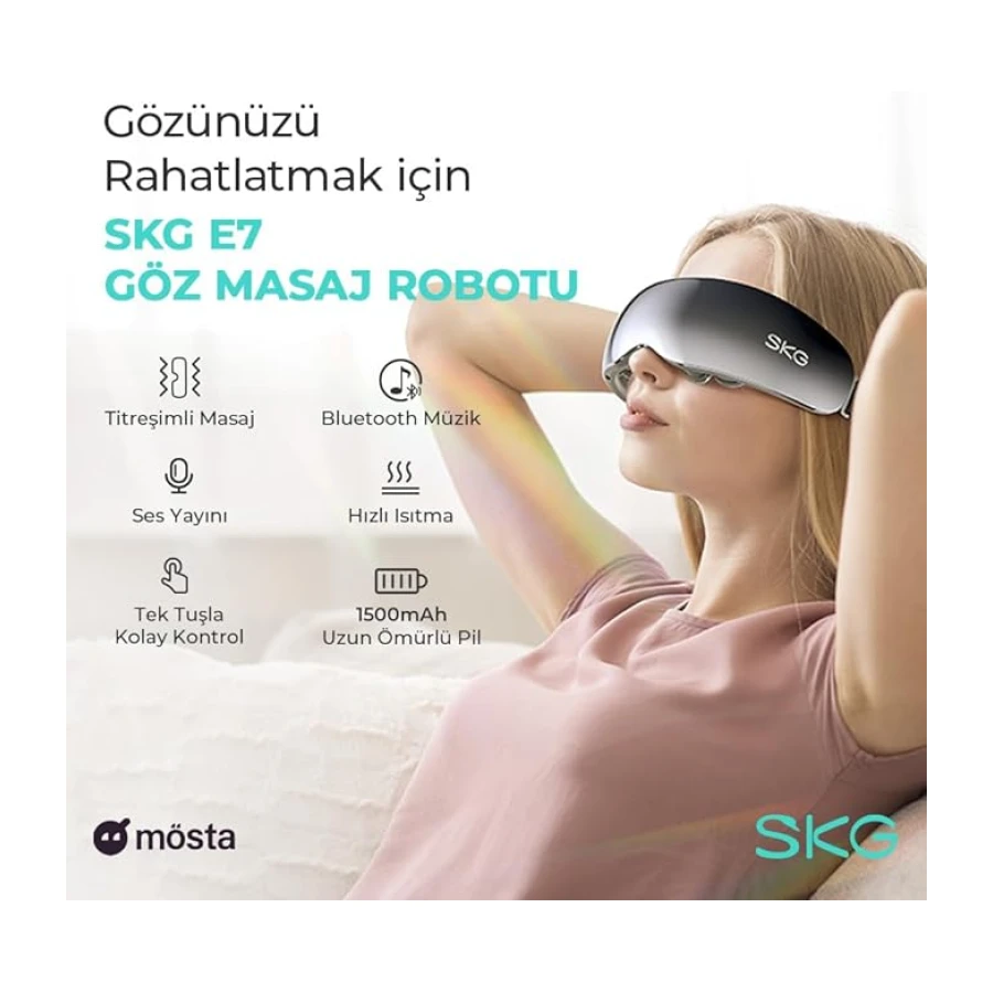 SKG E7 Göz Masaj Aleti, Isıtma ve Titreşim Fonksiyonlu, Şakak ve Göz Çevresi Masajı, Bluetooth Müzik Desteği, Taşınabilir Tasarım, 2.5 Saat Kullanım – Resmi Distribütör Garantili