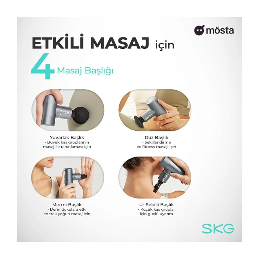 SKG F3 Masaj Tabancası Gray, 4 Darbe Seviyesi ve 4 Başlık, 12 Saat Pil Ömrü, USB-C Şarjlı, Taşınabilir Ergonomik Tasarım, Spor Sonrası Kullanıma Uygun Masaj Tabancası – Resmi Distribütör Garantili