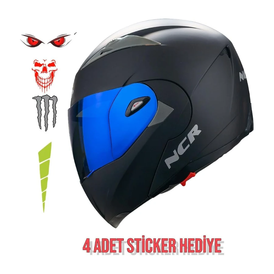 Çene Açılır Mavi Vizörlü Motosiklet Kaskı Mat Siyah Ece Belgeli