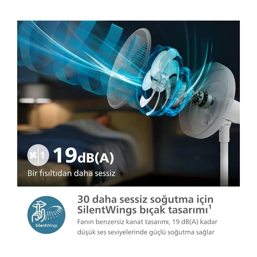 PHILIPS SilentWings teknolojisi ile güçlü ve süper sessiz ayaklı vantilatör. 19 dB. 2'si 1 arada masa ve ayaklı vantilatör. Eğim ve salınım ayarlanabilir. 12 saatlik zamanlayıcı. Beyaz.
