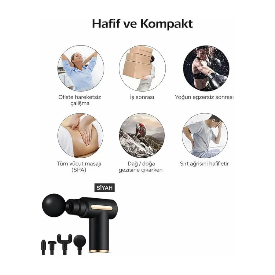 SMAYLING Masaj Tabancası 6 Kademeli Titreşimli | 4 Masaj Başlıklı | Sessiz Çalışma | 1800 mAh Şarjlı | Kas Gevşetici Derin Doku Masaj Aleti