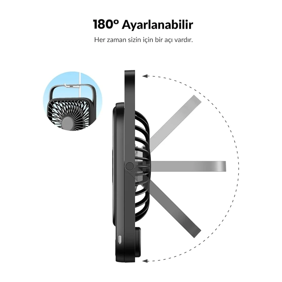 Warmco D2 5000mAh Şarjlı Masaüstü Vantilatör Dijital Göstergeli Taşınabilir Ultra İnce Soğutucu Fan Siyah