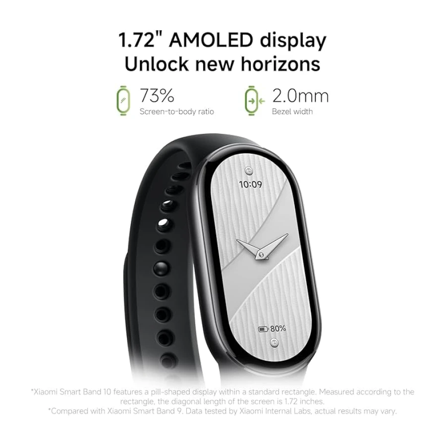 Xiaomi Smart Band 10-1.72 AMOLED Ekran, 1500 Nits, Uyku ve Nabız Monitörü, 5ATM Su Geçirmez, 21 Gün Pil Ömrü, 60 Hz Yenileme Frekansı, 150+ Mod