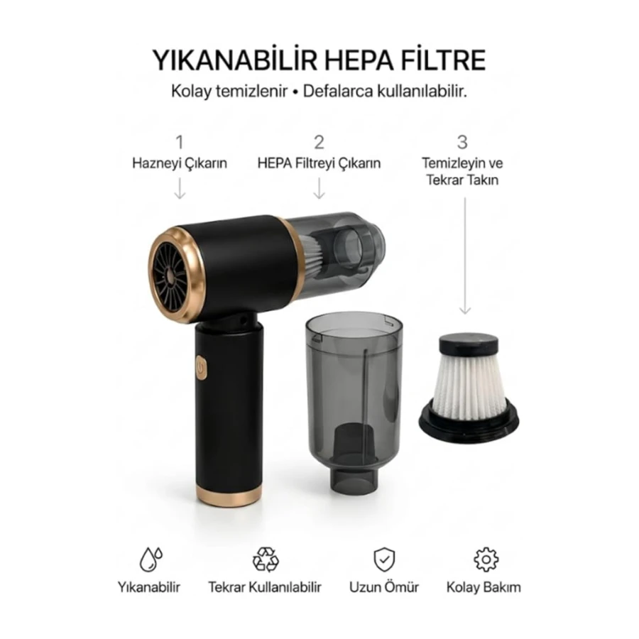 Shopexxtra Kablosuz El Süpürgesi ve Hava Üfleyici, 60W Mini Şarjlı Süpürge, USB Type-C Şarjlı, Yıkanabilir HEPA Filtreli, 9 Parça Aksesuar Seti, Ev, Araç, Ofis ve Klavye Temizliği İçin