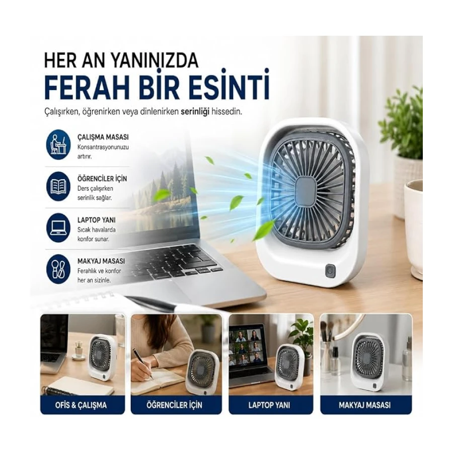 Masaüstü Mini Fan Şarjlı Sessiz Taşınabilir Fan, 3 Kademeli Hız Ayarı, 45° Ayarlanabilir Açılı Kompakt Masa Fanı, 8000 RPM Güçlü Üfleme, Ofis Laptop Çalışma Masası İçin