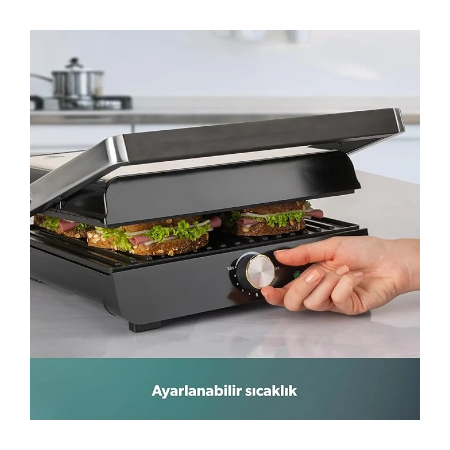 Homend Grilliant 1349H 4 Dilim Kapasiteli Gövdeli Döküm Plakalı Tost ve Izgara Makinesi Inox 2000W
