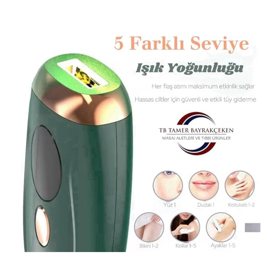 IPL Lazer Epilasyon Cihazı, 990.000 Atım, Manuel ve Otomatik Mod, 5 Kademe Işık Şiddeti, Ağrısız Kalıcı Tüy Giderme, Yeşil