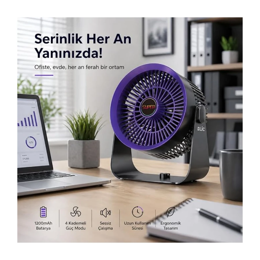 Masaüstü Vantilatör, Şarjlı Masaüstü Fan, 1200 Mah Batarya, Uzun Kullanım Süresi, 4 Kademeli Ayarlanır Güç Modu, Soğutucu Vantilatör, Sessiz Çalışma, Ergonomik Tasarım, Masaüstü Kullanım