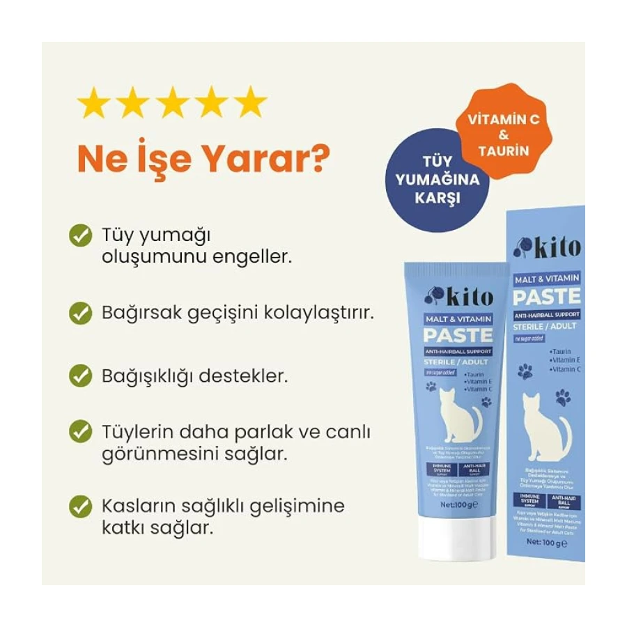 Kısır veya Yetişkin Kediler İçin Tüy Yumağı Önleyici ve Bağışıklık Sistemi Destekleyici Malt Macunu-Paste 100g