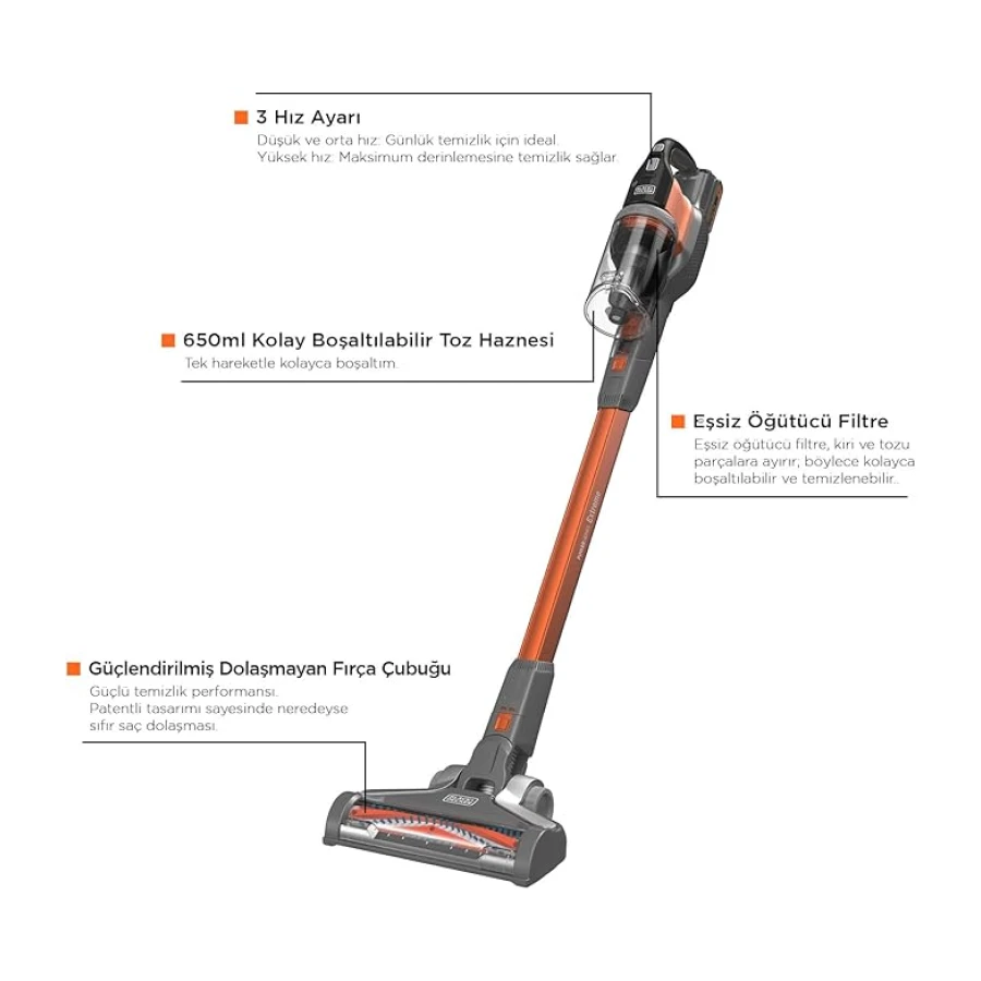 Black+Decker BHFEV182C 4'ü 1 Arada Kablosuz Dikey Süpürge (18 V, 2.0 Ah, To, Elektrikli Fırça Başlığı, Dar Aralık Aparatı, Şarj Cihazı ve Duvar Askısı Dahil)