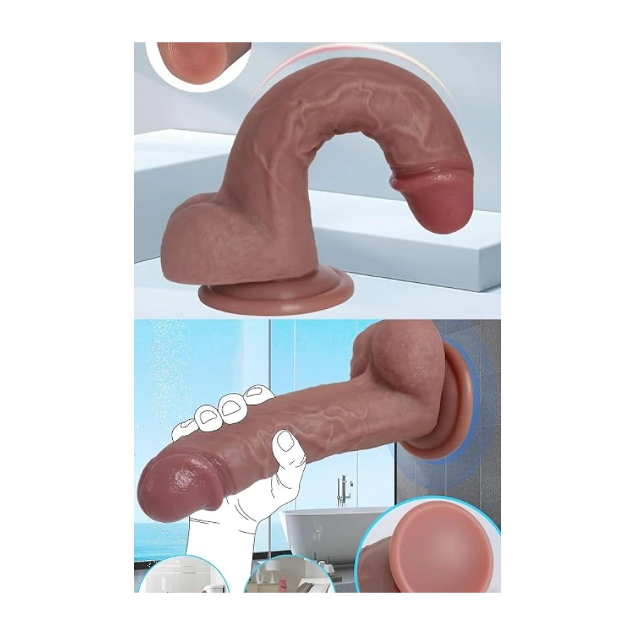 20cm Realistik Gerçek Doku Yapay Penis - Dildo - Haz Verici - Testisli Vantuzlu - Bronz