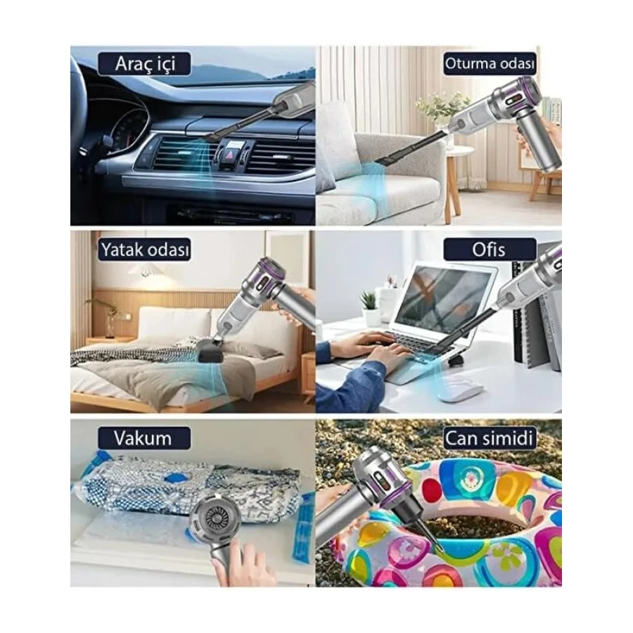 22000Pa Kablosuz Araç İçi Süpürge & Üfleme Cihazı – 2’si 1 Arada Mini El Süpürgesi, Şarjlı, Çok Başlıklı, Güçlü Vakum, Araba & Ev Temizlik HL-161