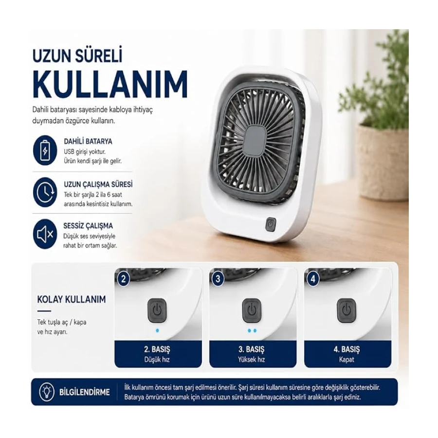 Masaüstü Mini Fan Şarjlı Sessiz Taşınabilir Fan, 3 Kademeli Hız Ayarı, 45° Ayarlanabilir Açılı Kompakt Masa Fanı, 8000 RPM Güçlü Üfleme, Ofis Laptop Çalışma Masası İçin