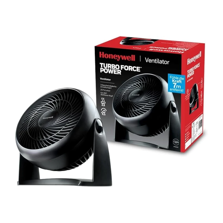 HONEYWELL TurboForce Turbo Vantilatör HT900E, Sessiz Soğutma, 90 Dereceye Kadar Ayarlanabilir Eğim Açısı, 3 Hız Ayarı, Duvara Montaj, Masa Vantilatörü