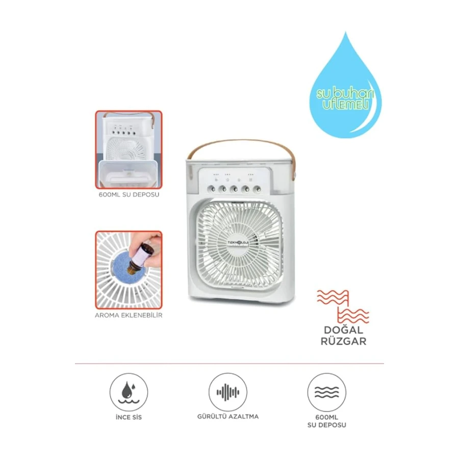Buzlu Vantilatör Mini Fan 5 Spreyli Su Püskürtmeli 600 ML Buhar Makinesi Nemlendirici Mini Klima Rgb