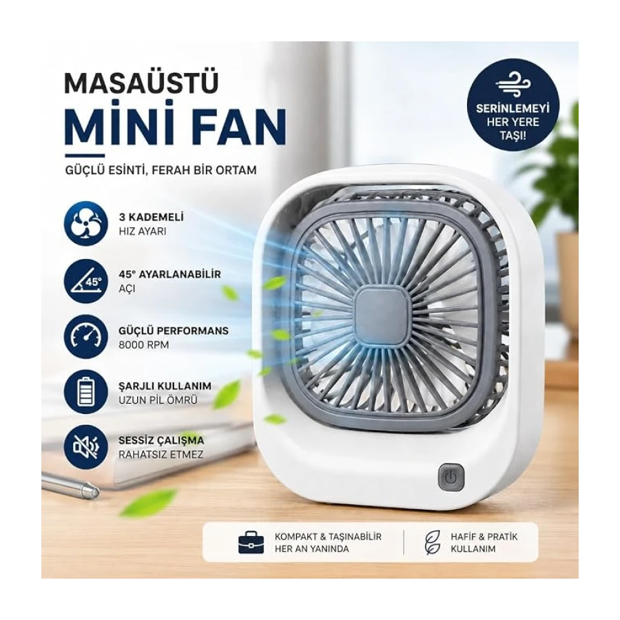 Masaüstü Mini Fan Şarjlı Sessiz Taşınabilir Fan, 3 Kademeli Hız Ayarı, 45° Ayarlanabilir Açılı Kompakt Masa Fanı, 8000 RPM Güçlü Üfleme, Ofis Laptop Çalışma Masası İçin