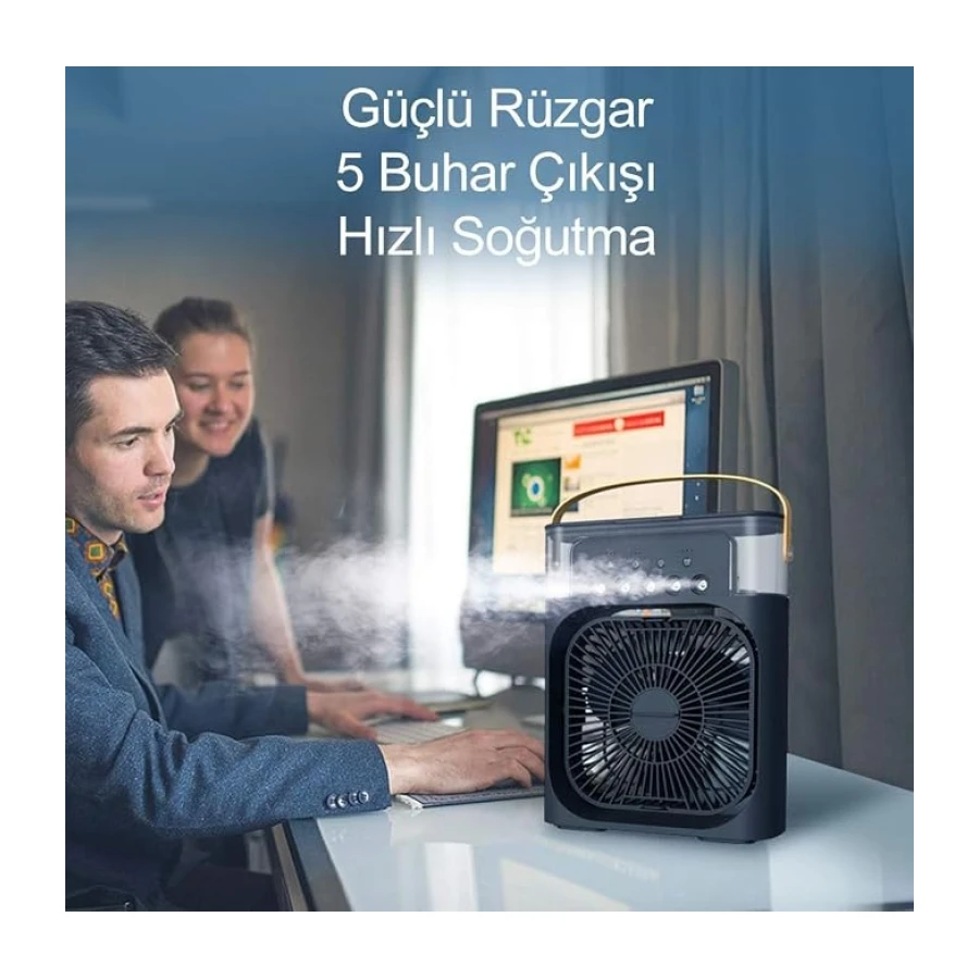 Coverzone Buharlı Hava Soğutucu, 26x19x8 Cm Taşınabilir Portatif Klima, 330 Ml, Mobil Sulu Klima, 3 Rüzgar Hızı, 3 Sis Modu, Buzlu Vantilatör 5 Sprey Delikli ile Renkli LED Işıklı- HR025