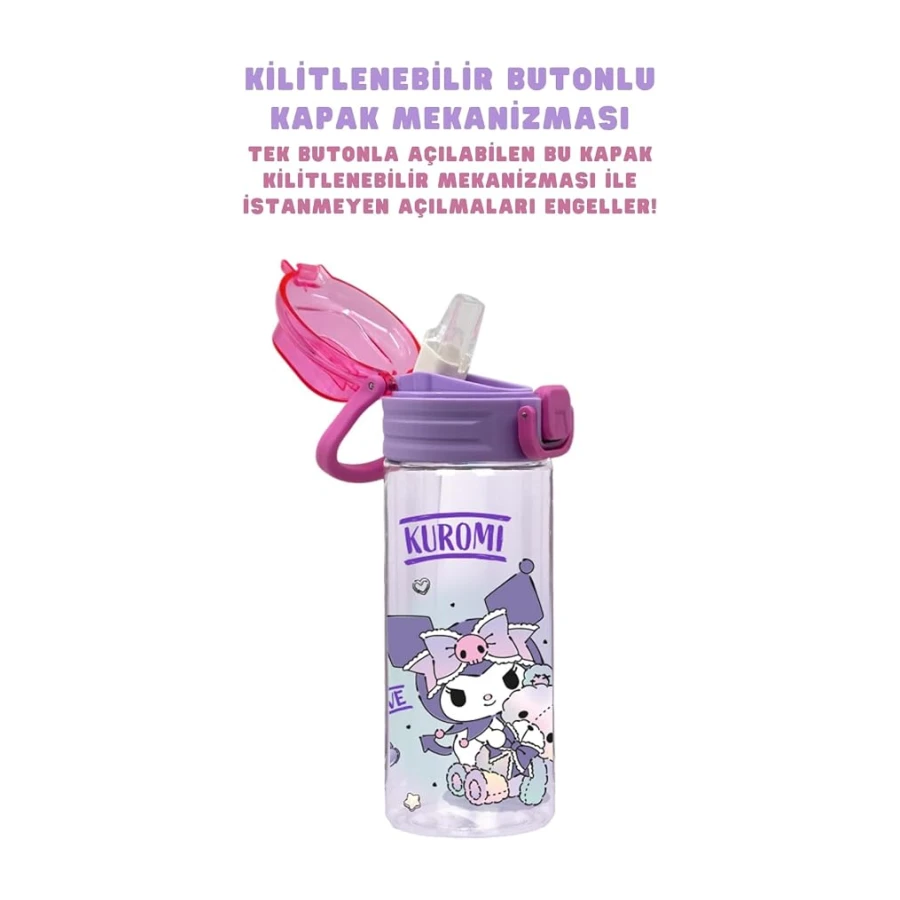 Wiggle 500ml Kuromi Temalı Lisanslı Yumuşak Silikon Pipetli Kulplu Kilitlenebilir Su Matarası