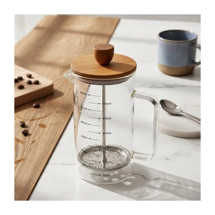 Deconox Akasya Ahşap Kapaklı Borosilikat Cam French Press - Ölçü Çizgili Kahve ve Çay Demliği (350ml ve 600ml Boy Seçenekli) (600ML)