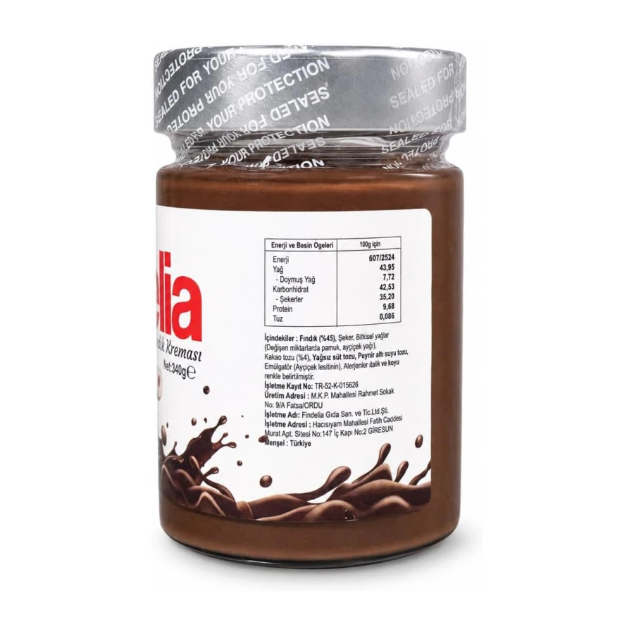 Fındelia %45 Fındıklı Kakaolu Fındık Kreması 340 g | Parçacıklı Kahvaltılık Sürülebilir Krema | Yoğun Fındık ve Kakao Lezzeti