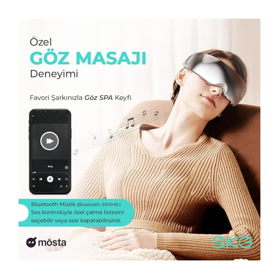 SKG E7 Göz Masaj Aleti, Isıtma ve Titreşim Fonksiyonlu, Şakak ve Göz Çevresi Masajı, Bluetooth Müzik Desteği, Taşınabilir Tasarım, 2.5 Saat Kullanım – Resmi Distribütör Garantili