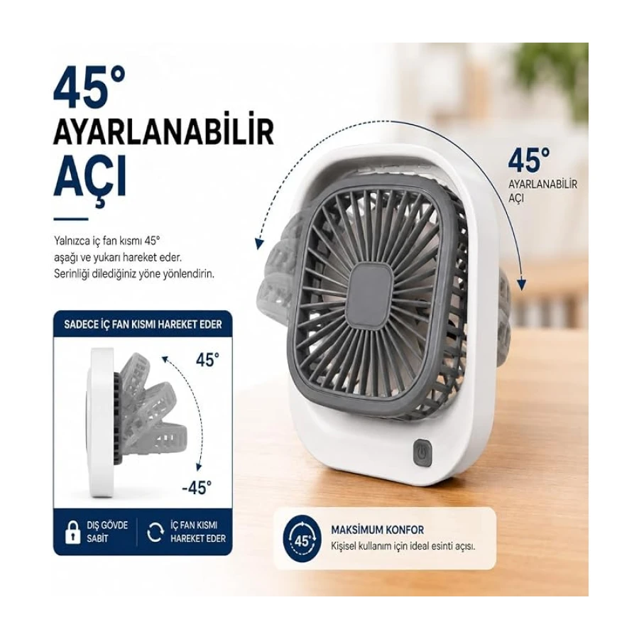 Masaüstü Mini Fan Şarjlı Sessiz Taşınabilir Fan, 3 Kademeli Hız Ayarı, 45° Ayarlanabilir Açılı Kompakt Masa Fanı, 8000 RPM Güçlü Üfleme, Ofis Laptop Çalışma Masası İçin