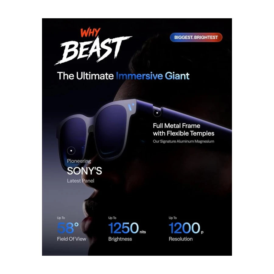 VITURE Beast XR Gözlüğü, 44,2 cm 1200p 58° Görüş Alanı, dahili VisionPair™ 3DoF, dinamik karartma, HARMAN Ses, iPhone, Android, Mac, PC, Switch 2 için AR Gözlüğü – En Büyük. En Parlak. En Akıllı